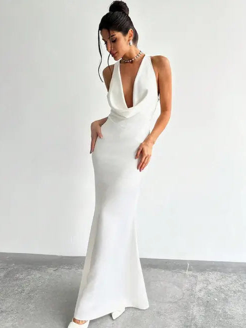 white cowl neck plunging maxi dress