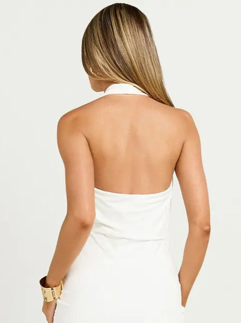 white cowl neck plunging maxi dress