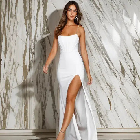 Sophisticated White Column Gown with Leg Slit