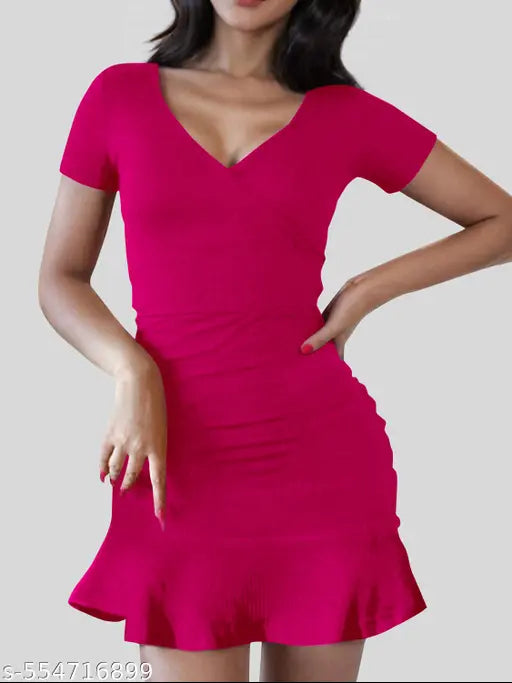 Fuchsia Ruffle Hem Bodycon Dress - My Store