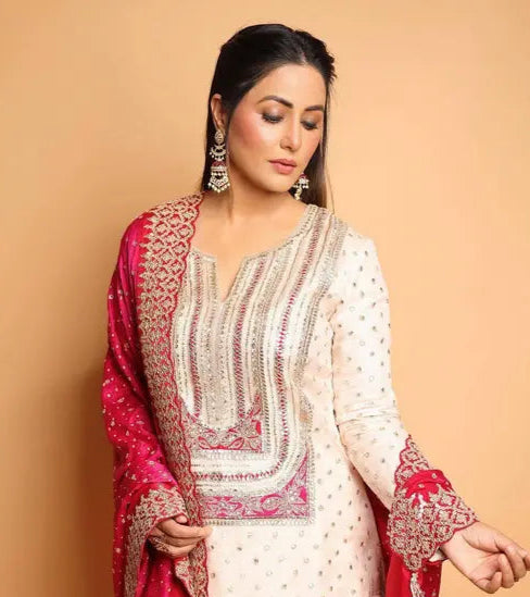 Cream & Pink Embroidered Kurta Palazzo Set - My Store