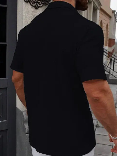 Men's Classic Black V-Neck Cuban Collar Shirt