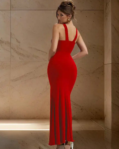Ruby Red Backless Gown with Slit - My Store
