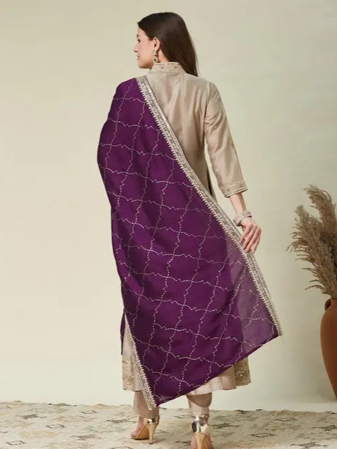 Beige Embroidered Kurta Set with Purple Dupatta - My Store