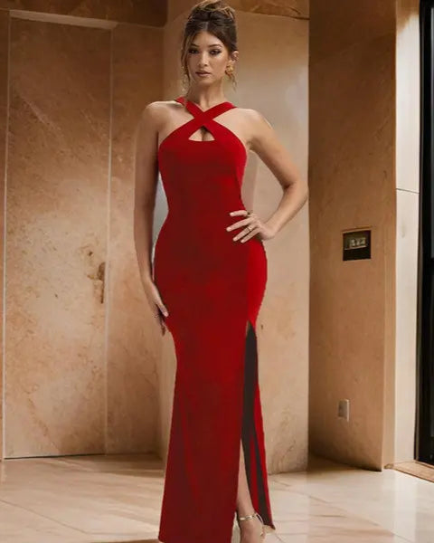 Ruby Red Backless Gown with Slit