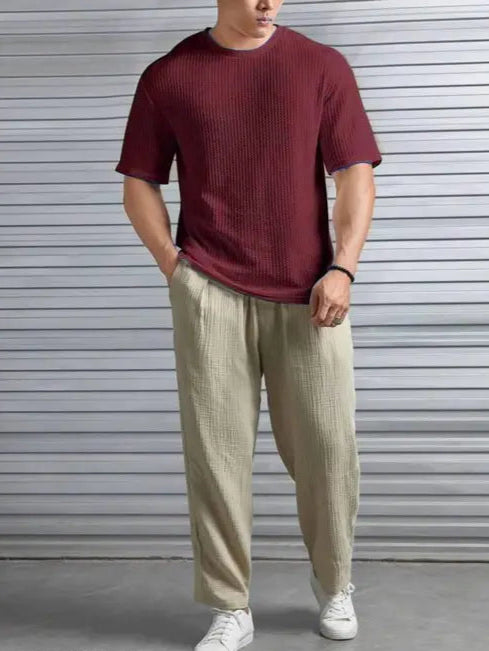 Men's Textured Maroon Crew Neck Tee