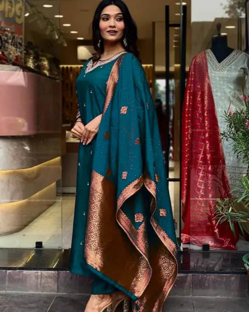 Teal Embroidered Kurta with Brocade Dupatta