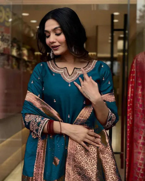 Teal Embroidered Kurta with Brocade Dupatta