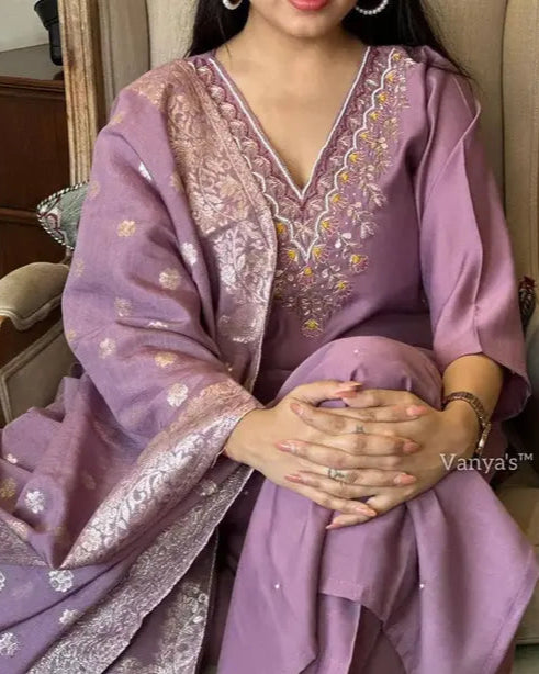 Traditional Royal Purple Ethnic Suit with Weaved Dupatta