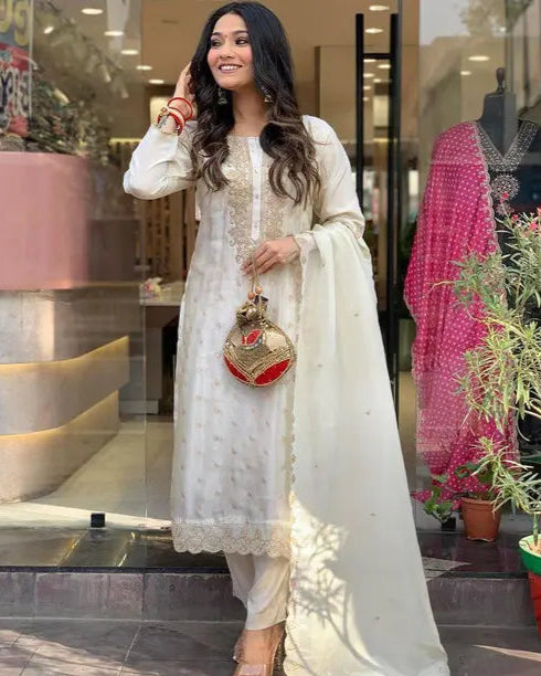White & Gold Festive Kurta Ensemble