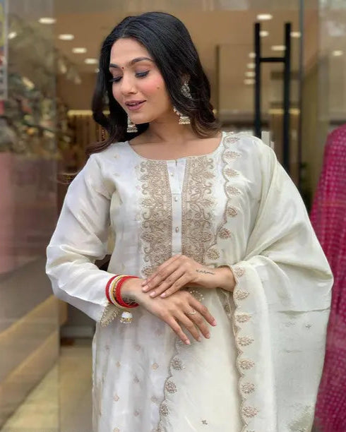 White & Gold Festive Kurta Ensemble