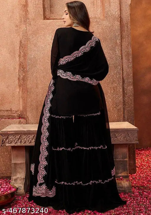 Black Tiered Gharara Suit with Contrasting Border - My Store