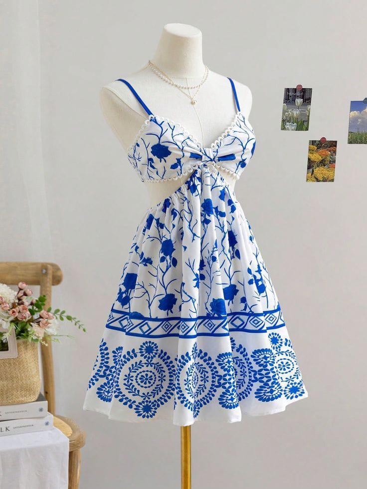 Blue & White Floral Cutout Mini Dress - My Store