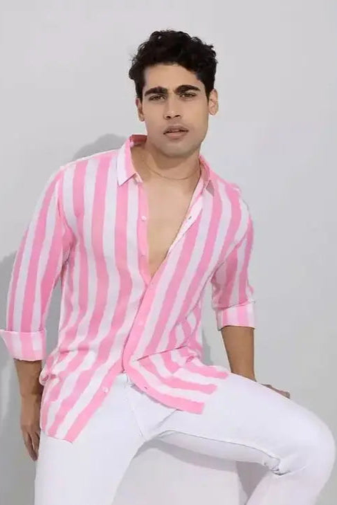 Men's Stylish Pink & White Striped Casual Shirt
