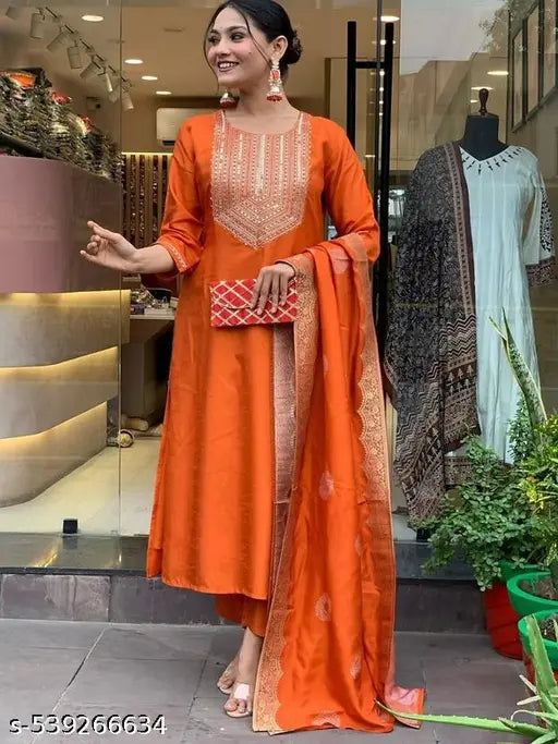 Elegant Orange Embroidered Kurta Set with Dupatta
