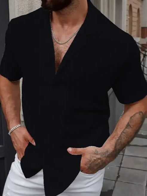 Men's Classic Black V-Neck Cuban Collar Shirt