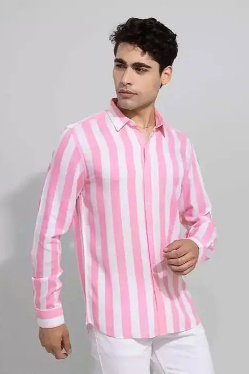 Men's Stylish Pink & White Striped Casual Shirt