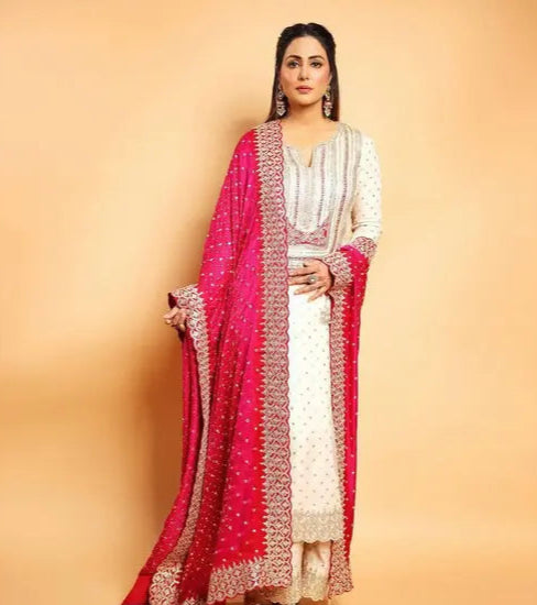 Cream & Pink Embroidered Kurta Palazzo Set