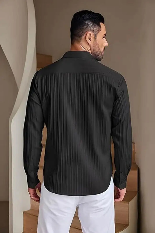 Men's Black Pleated Textured Casual Shirt - My Store