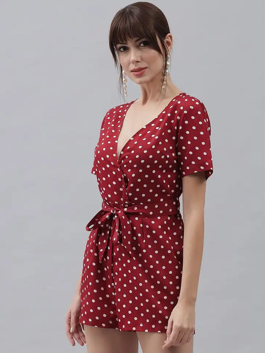 Vintage Red Polka Dot Tie-Waist Romper - My Store