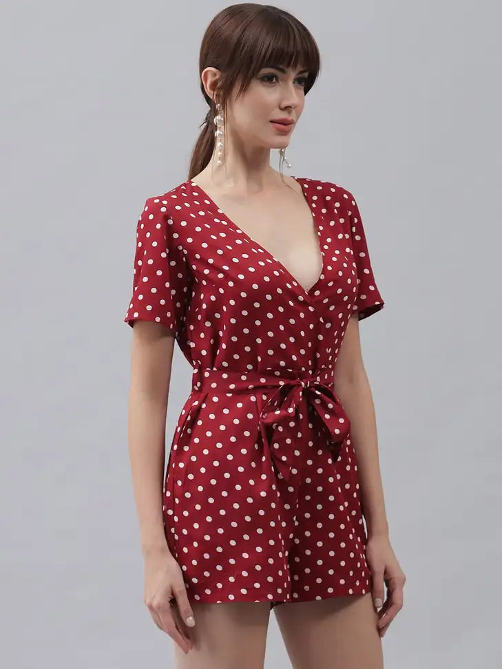 Vintage Red Polka Dot Tie-Waist Romper - My Store