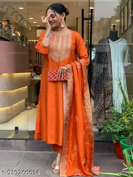 Elegant Orange Embroidered Kurta Set with Dupatta