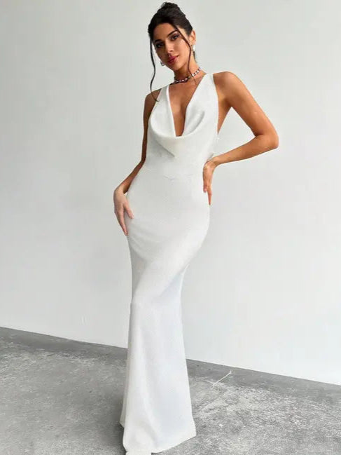 white cowl neck plunging maxi dress