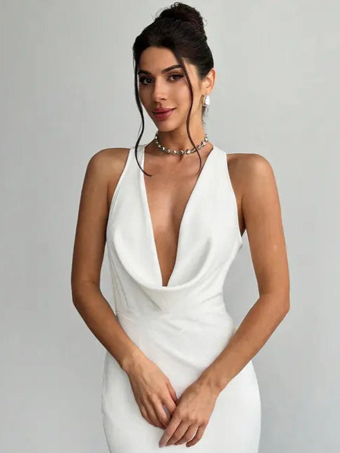 white cowl neck plunging maxi dress