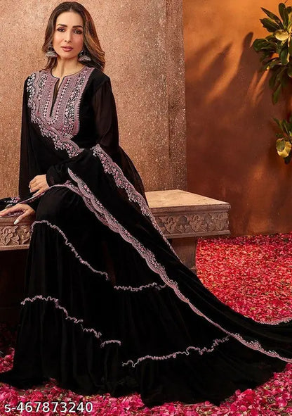 Black Tiered Gharara Suit with Contrasting Border - My Store