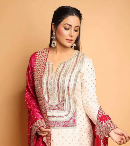 Cream & Pink Embroidered Kurta Palazzo Set - My Store