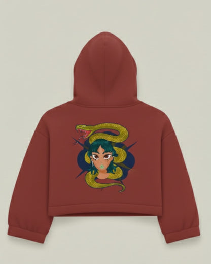 Maroon Cropped 'Serpentine Maiden' Hoodie