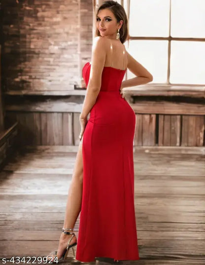 Radiant Red Long Dress with Side Slit - My Store