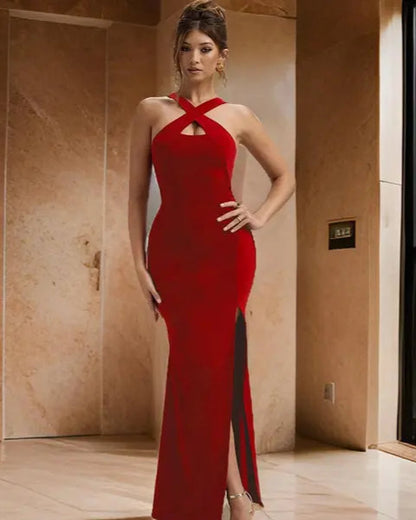 Ruby Red Backless Gown with Slit - My Store