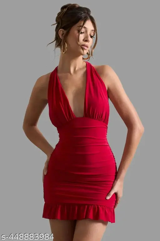 Red halter neck ruched mini dress