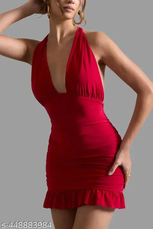 Red halter neck ruched mini dress