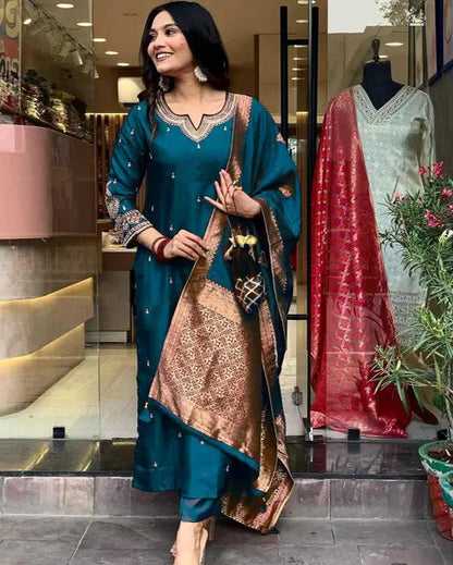 Teal Embroidered Kurta with Brocade Dupatta - My Store