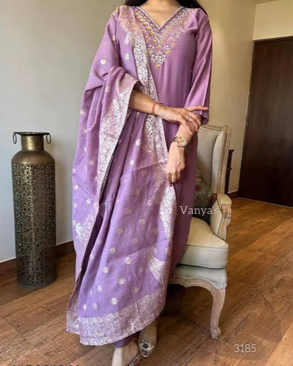 Traditional Royal Purple Ethnic Suit with Weaved Dupatta - My Store