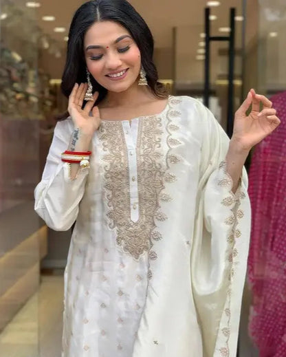 White & Gold Festive Kurta Ensemble - My Store