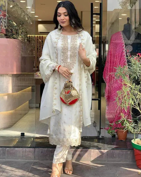 White & Gold Festive Kurta Ensemble