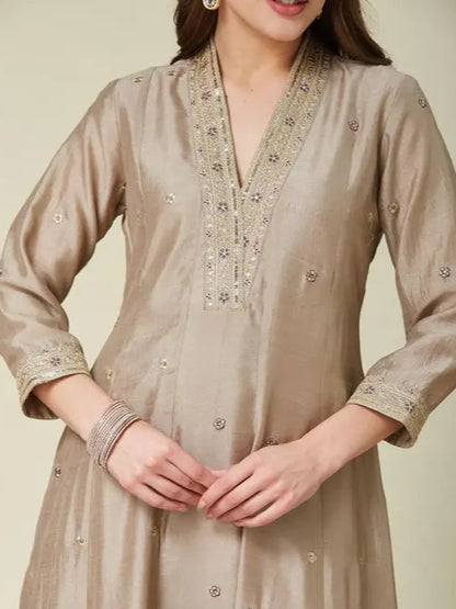 Beige Embroidered Kurta Set with Purple Dupatta - My Store