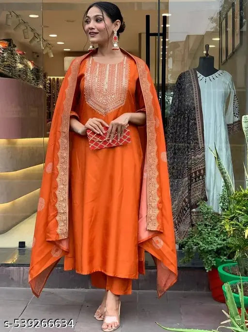 Elegant Orange Embroidered Kurta Set with Dupatta