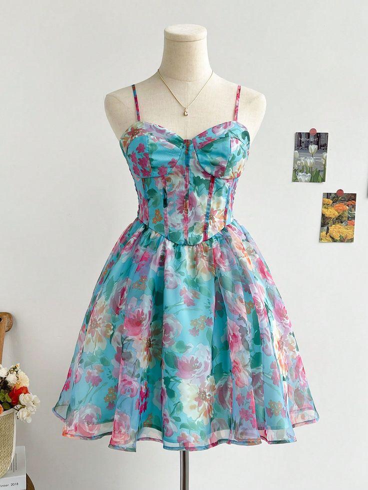 Aqua Floral Bustier Mini Dress - My Store