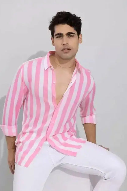Men's Stylish Pink & White Striped Casual Shirt - My Store