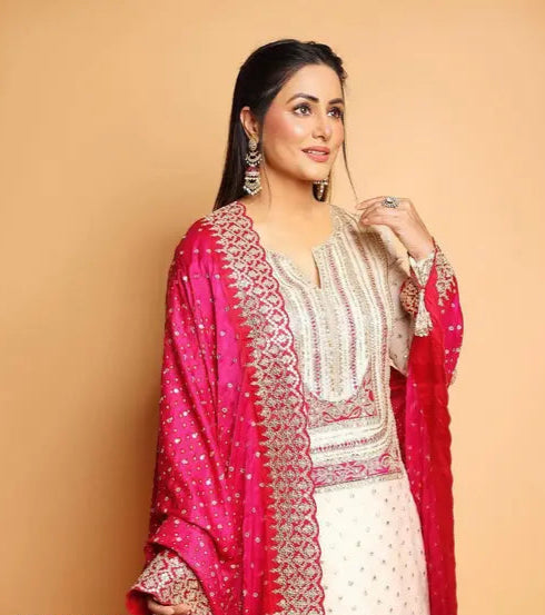 Cream & Pink Embroidered Kurta Palazzo Set