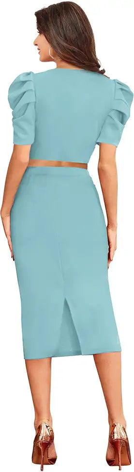 Elegant Sky Blue Two-Piece Bodycon Dress - My Store