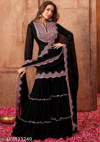 Black Tiered Gharara Suit with Contrasting Border - My Store