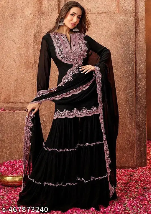 Black Tiered Gharara Suit with Contrasting Border