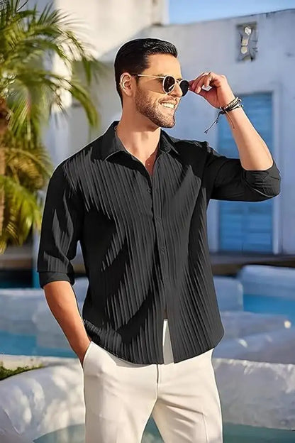 Men's Black Pleated Textured Casual Shirt - My Store