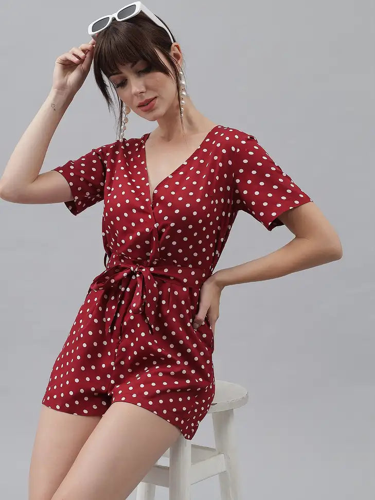 Vintage Red Polka Dot Tie-Waist Romper - My Store