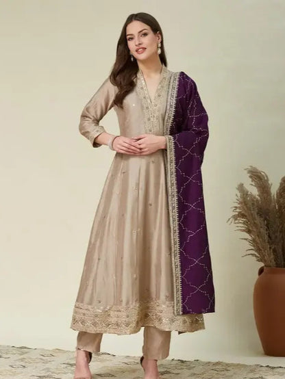 Beige Embroidered Kurta Set with Purple Dupatta - My Store